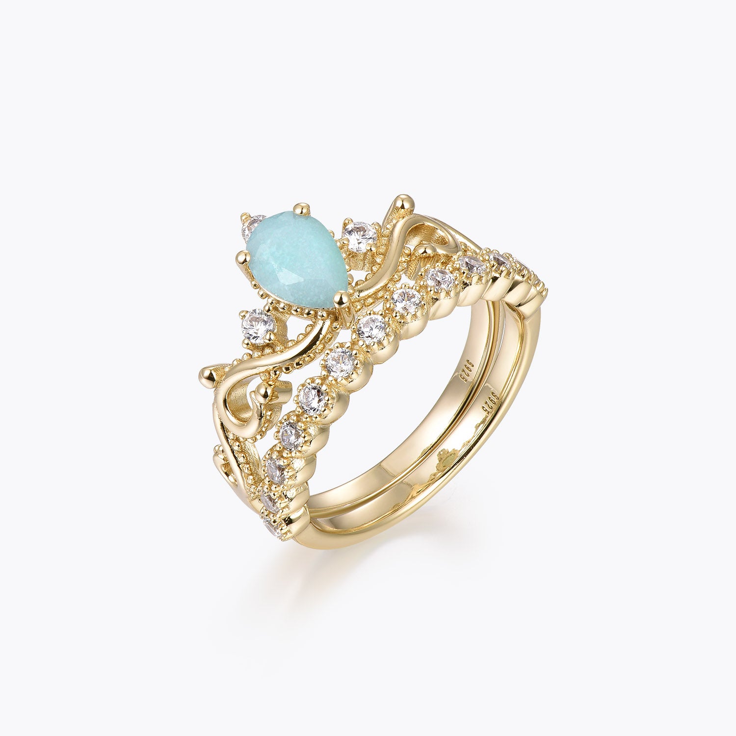Bague de fiançailles Dissoo® en dentelle victorienne et amazonite et alliance demi-éternité en moissanite.