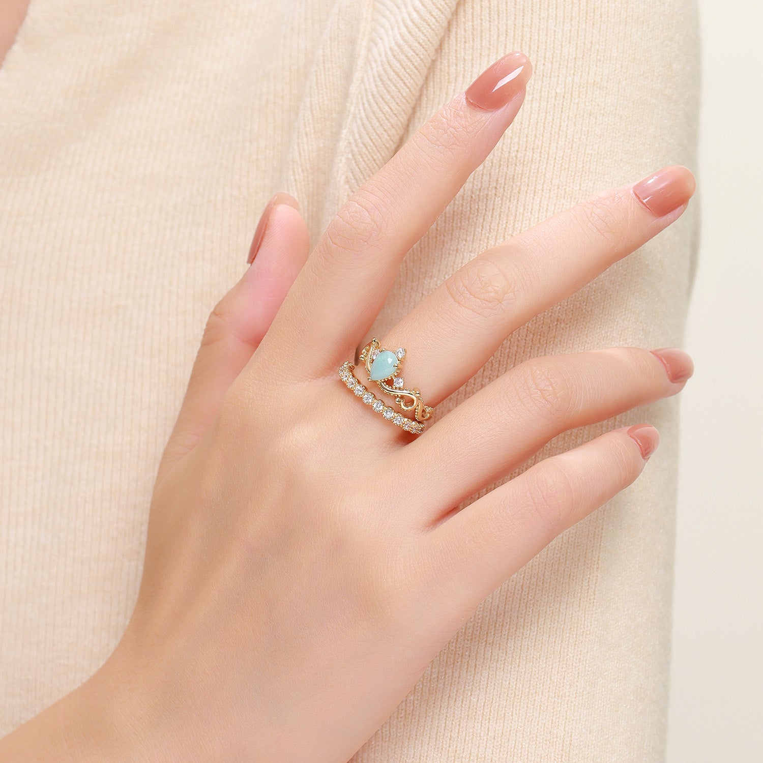 Victorian Lace Pear Cut Amazonite Engagement Ring Set