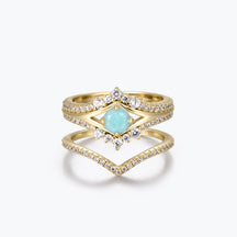 Dissoo® Round Amazonite Split Pavé Engagement Ring and V Shaped Moissanite Wedding Ring