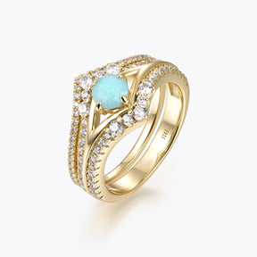 Dissoo® Round Amazonite Split Pavé Engagement Ring and V Shaped Moissanite Wedding Ring