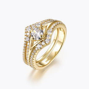 Dissoo® Round Moissanite Split Pavé Engagement Ring and V-Shaped Wedding Ring