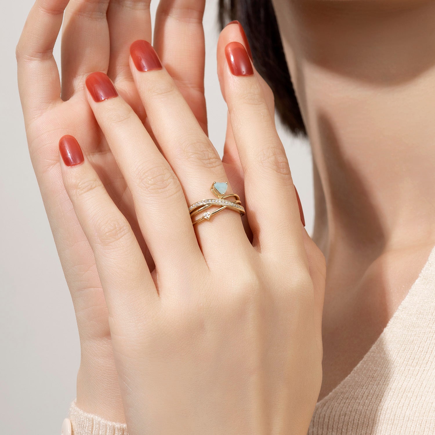 Heart Cut Amazonite Multi-Row Crossover Engagement Ring