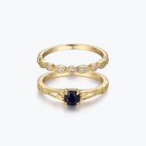 Dissoo® Engraved Pattern Blue Goldstone Engagement Ring and Milgrain Marquise & Dot Moissanite Wedding Ring