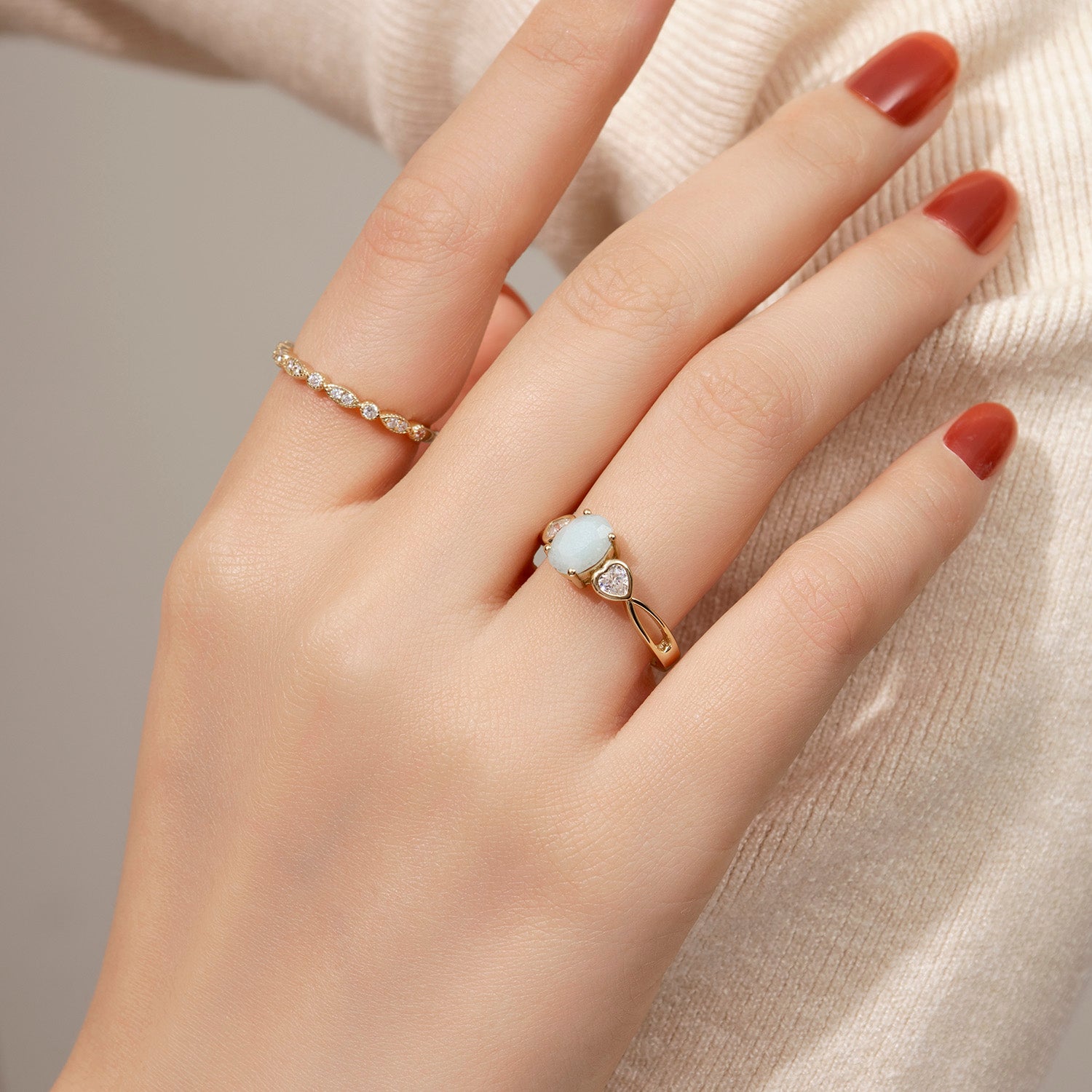 Dissoo® Love Bridge Amazonit-Verlobungsring und Versailles Moissanit-Ehering