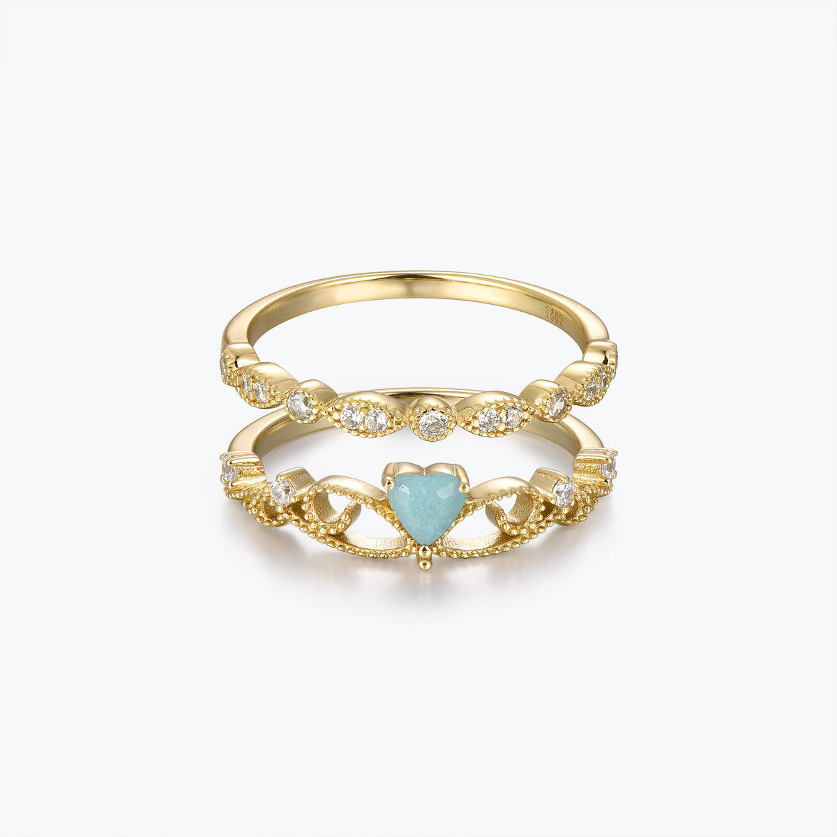 Dissoo® Heart Cut Crown Amazonite Engagement Ring with Gold Versailles Wedding Ring