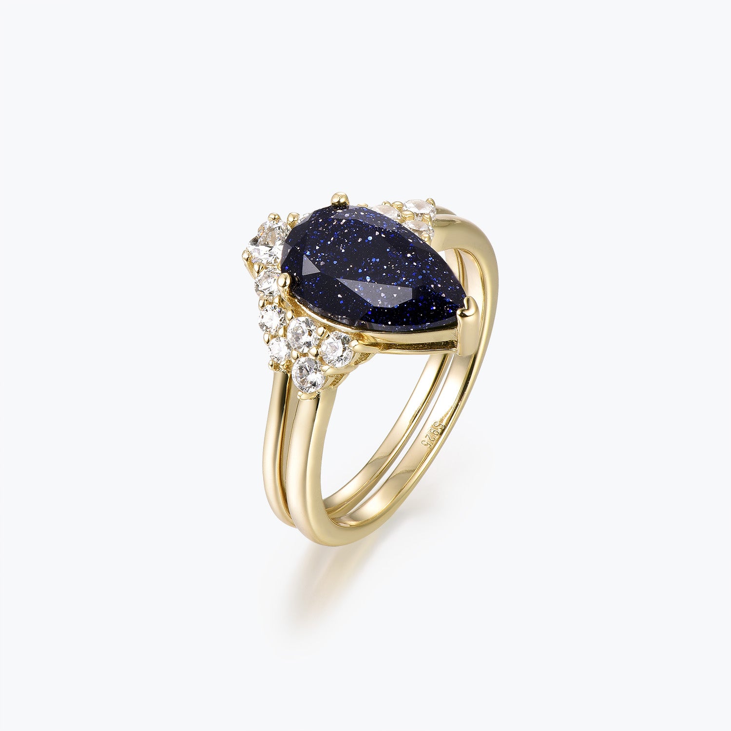 Dissoo® Blue Goldstone Floral Pear Cut Gold Ring Set with Curved Stacked Ring