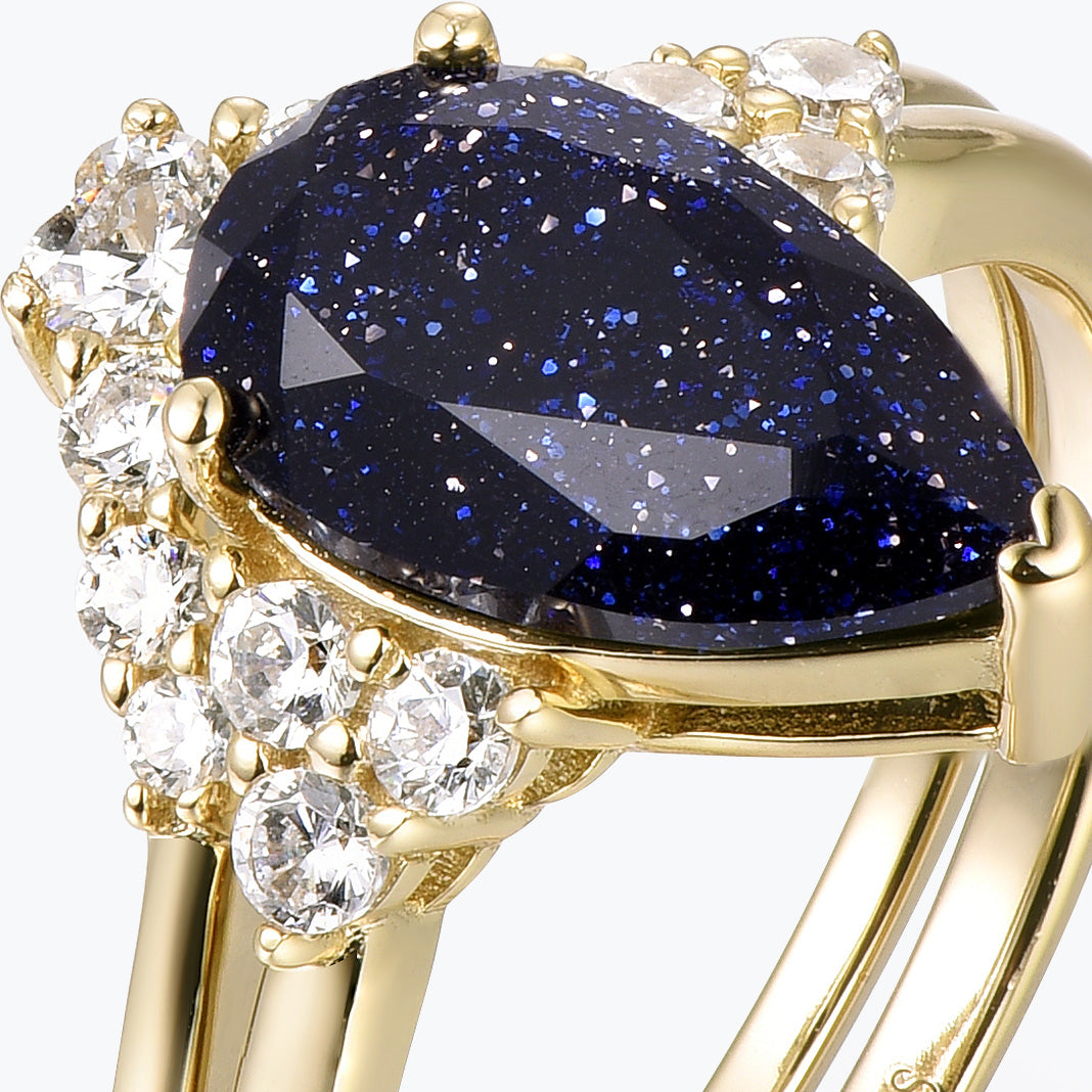 Dissoo® Blue Goldstone Floral Pear Cut Gold Ring Set with Curved Stacked Ring