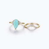 Dissoo® Gold Pear Amazonite Floral Engagement Ring and Curved Pavé Wedding Stackable Ring