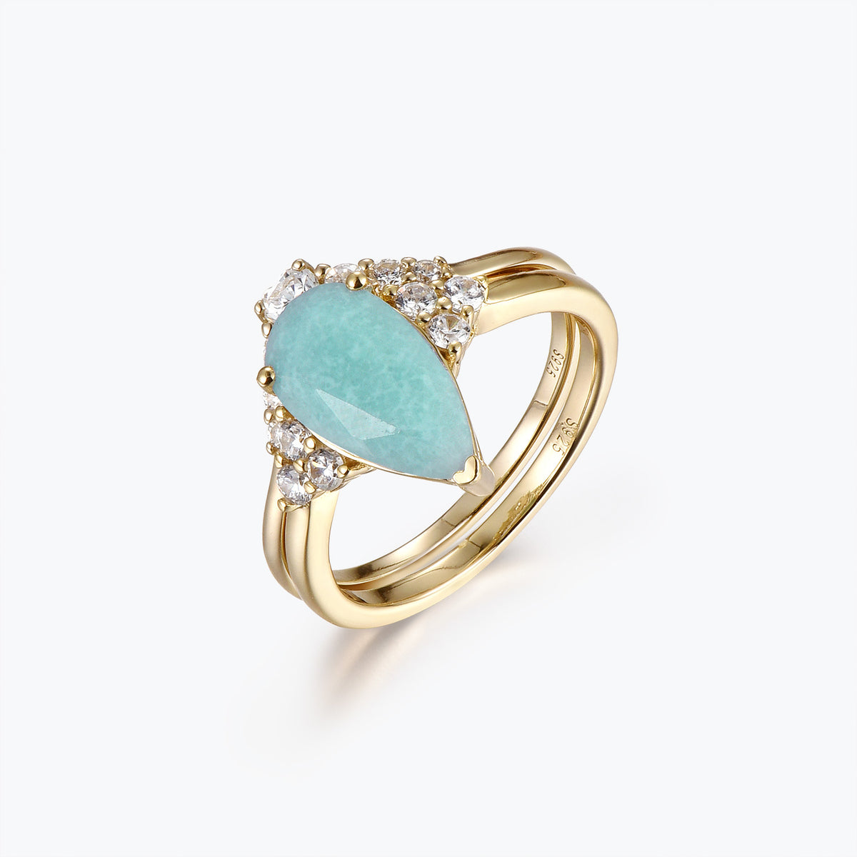 Dissoo® Gold Pear Amazonite Floral Engagement Ring and Curved Pavé Wedding Stackable Ring