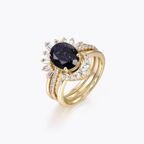 Dissoo® Oval Blue Goldstone Solitaire Pavé Three-Piece Bridal Set in 14K Gold Vermeil