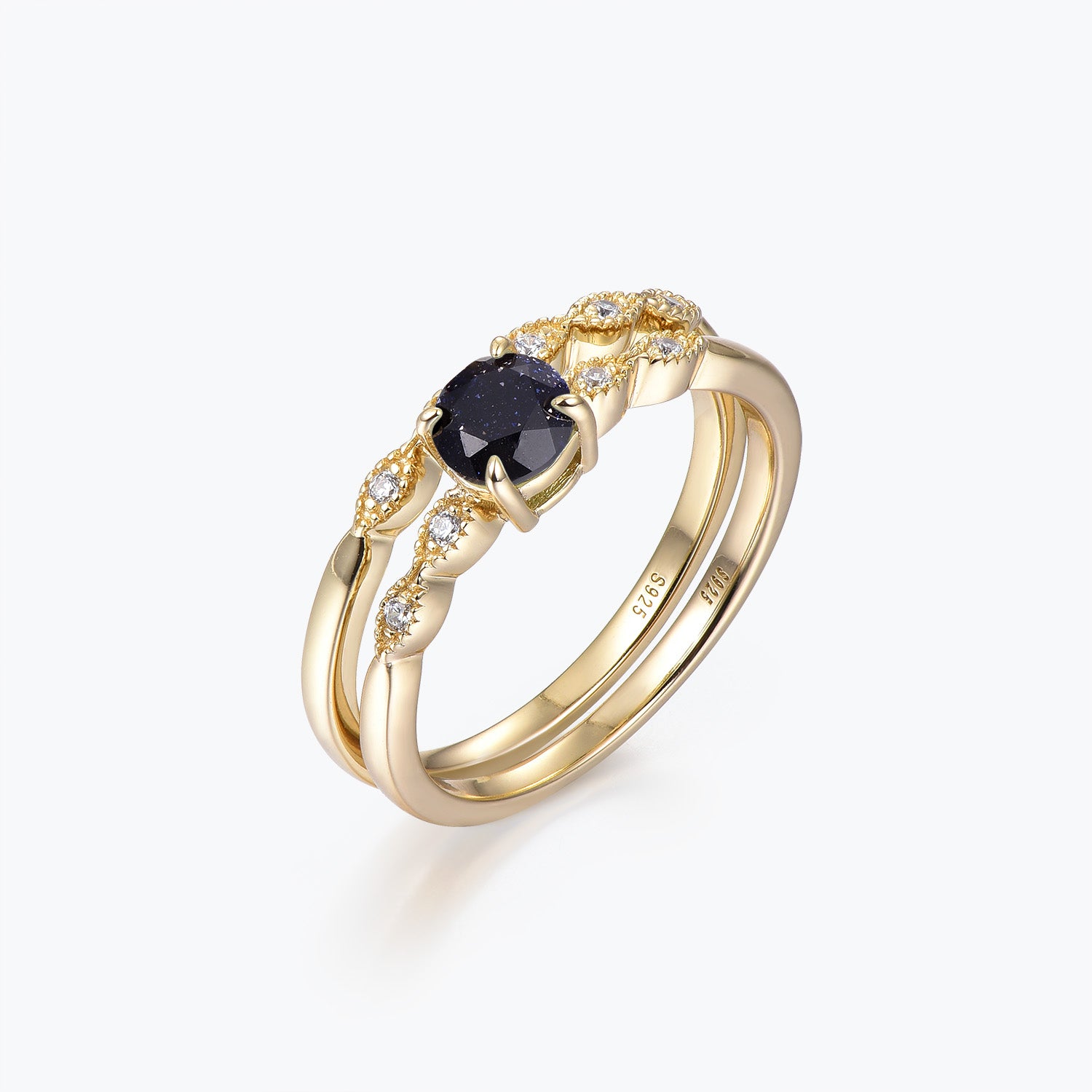 Dissoo® Round Blue Goldstone Engagement Ring and Antique Petite Marquise Wedding Ring