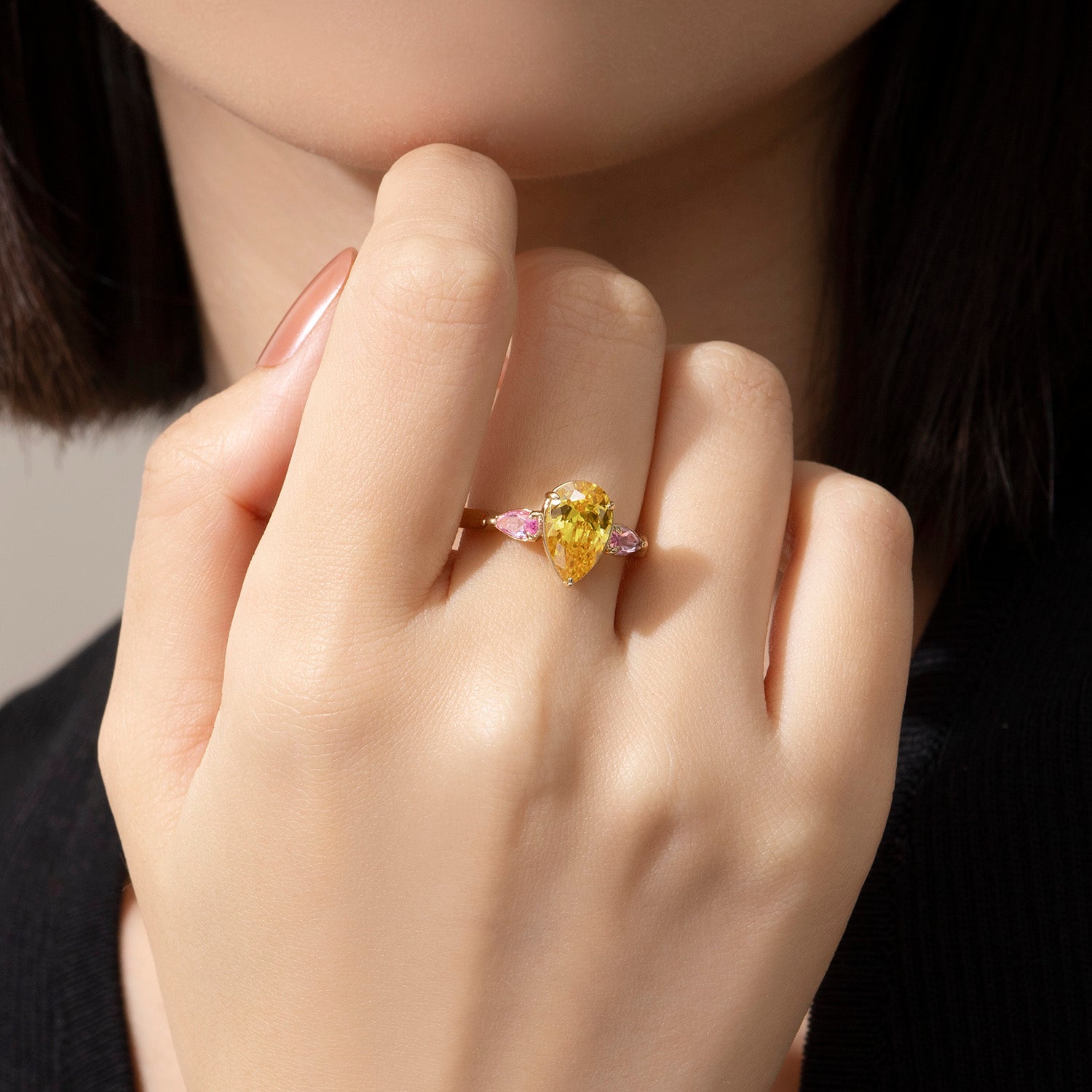 Pear Cut Yellow Gemstone Three-stone Cocktail Engagement Ring