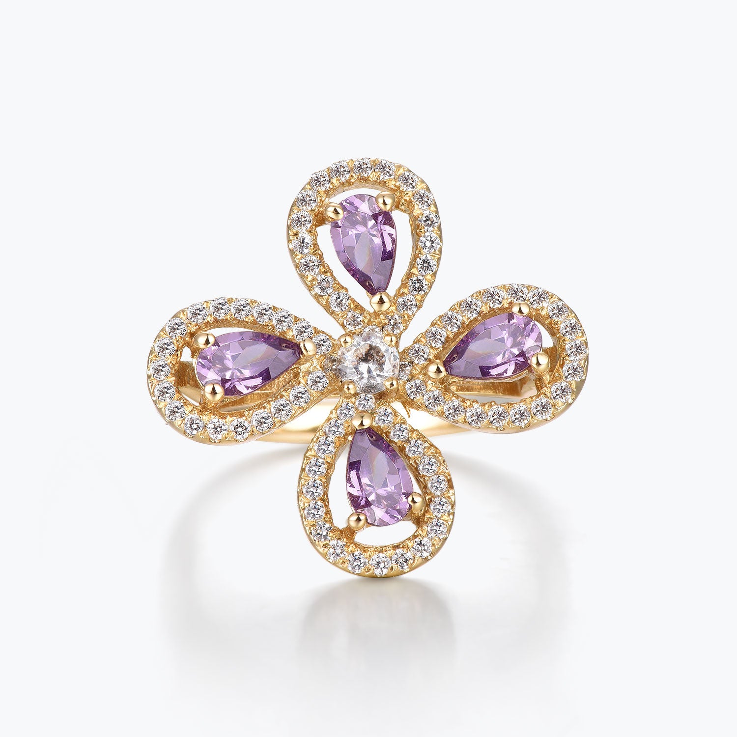 Dissoo® Purple Four-Leaf Clover Halo Gold Cocktail Engagement Ring