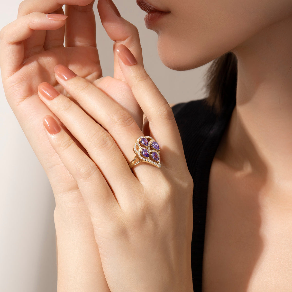 Dissoo® Pear Purple Floral Cluster Cocktail Ring in 14K Gold Vermeil