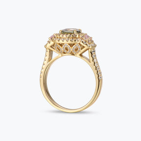 Dissoo® Gold Cushion Nano Emerald & Pink Halo Pavé Cocktail Ring