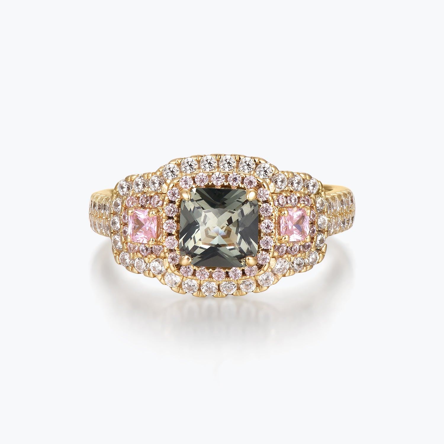 Dissoo® Gold Cushion Nano Emerald & Pink Halo Pavé Cocktail Ring