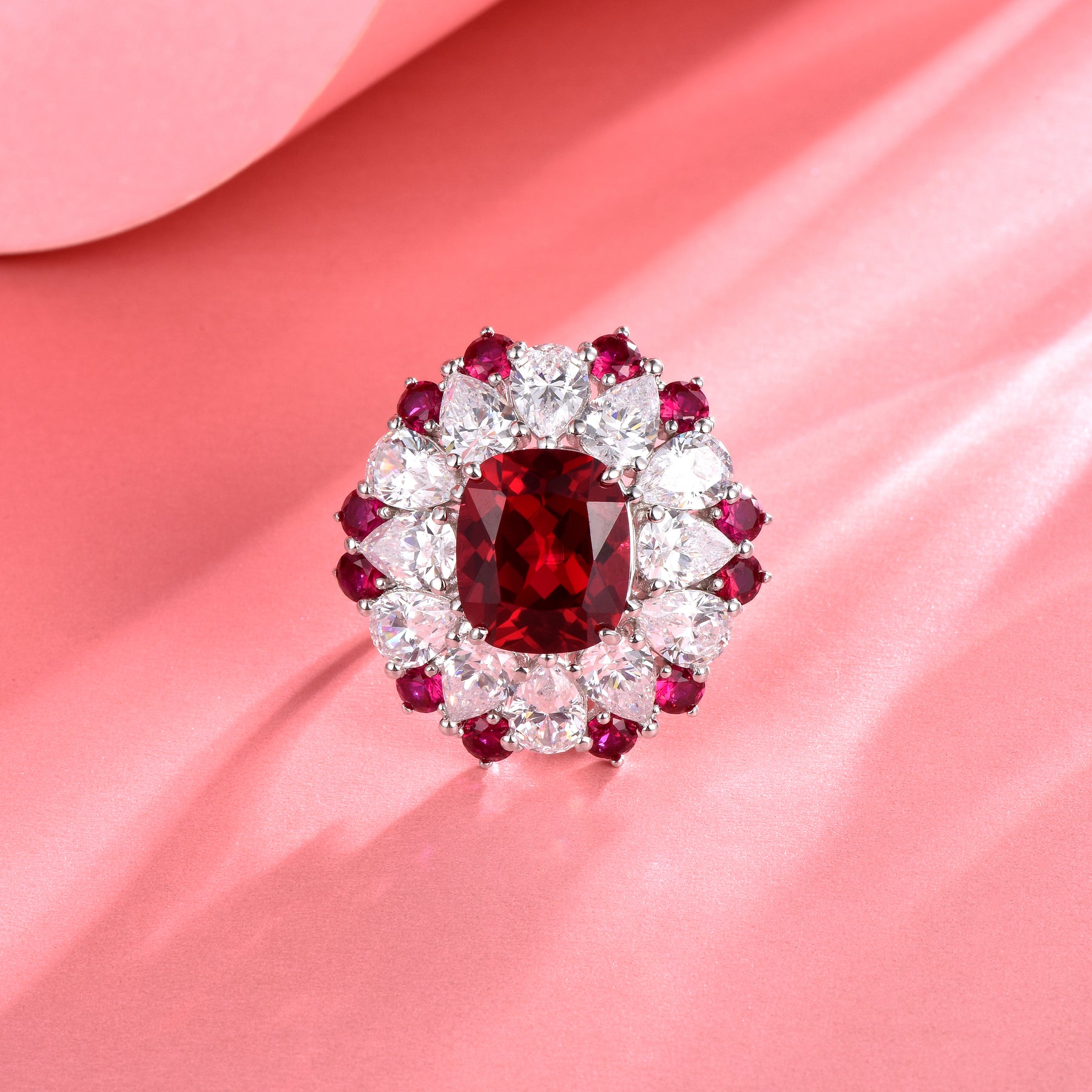 Dissoo® Ruby Red Multiple Diamonds Sterling Silver Ring