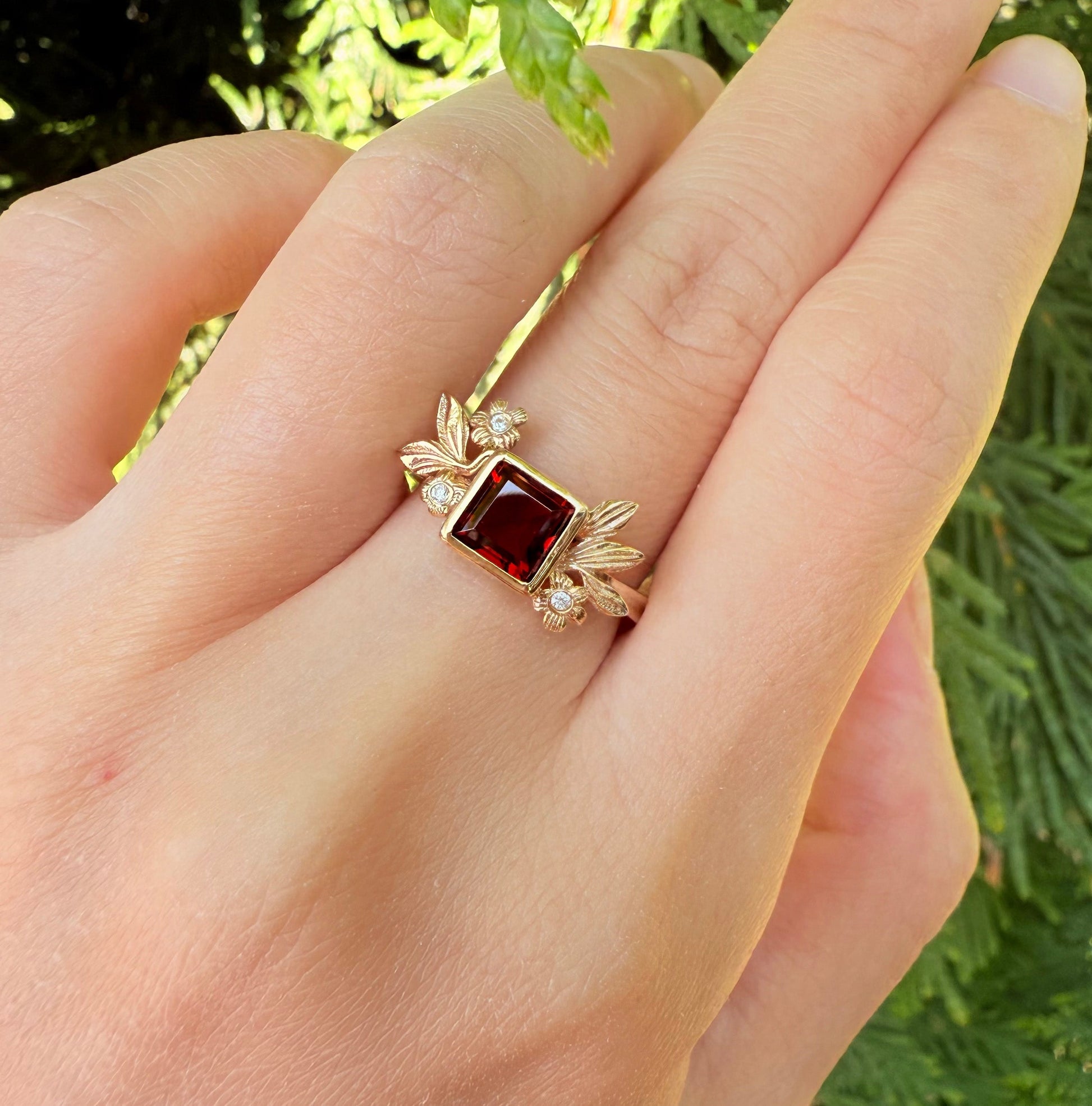 Princess Cut Red Gemstone Leafy Halo Engagement  Ring