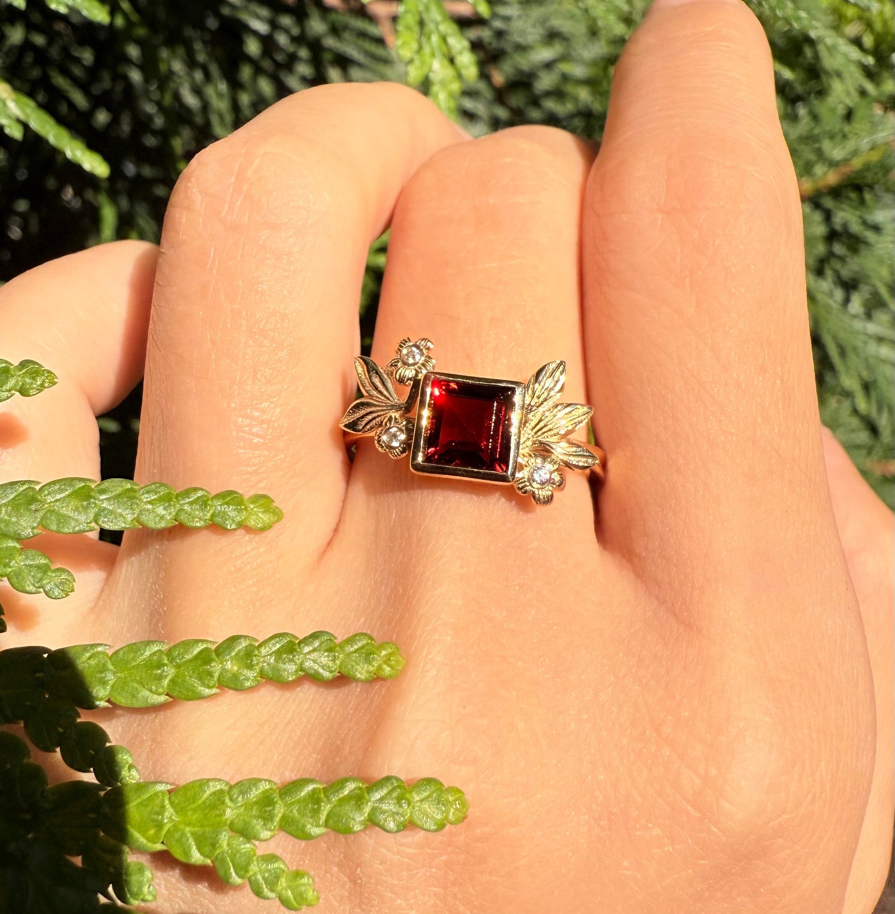 1CT Princess Cut Red Gemstone Leafy Halo Engagement  Ring