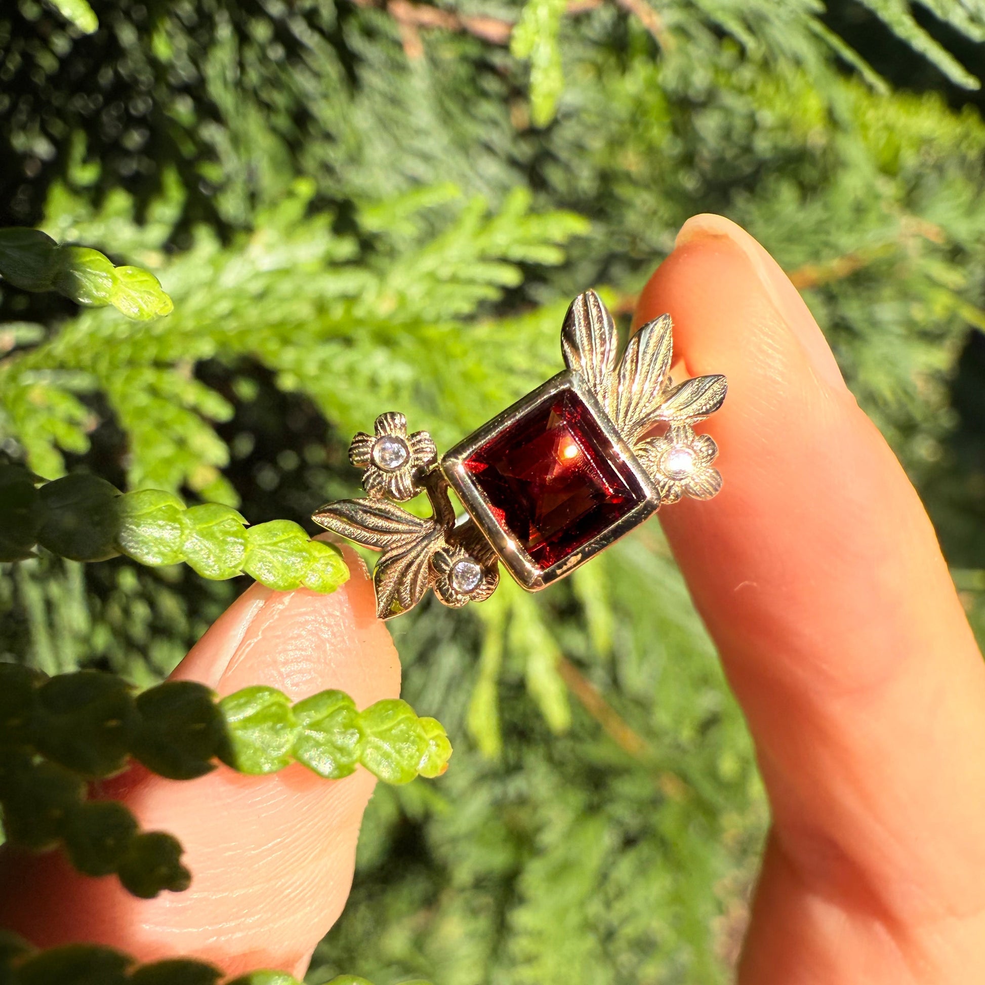 Princess Cut Red Gemstone Leafy Halo Engagement  Ring