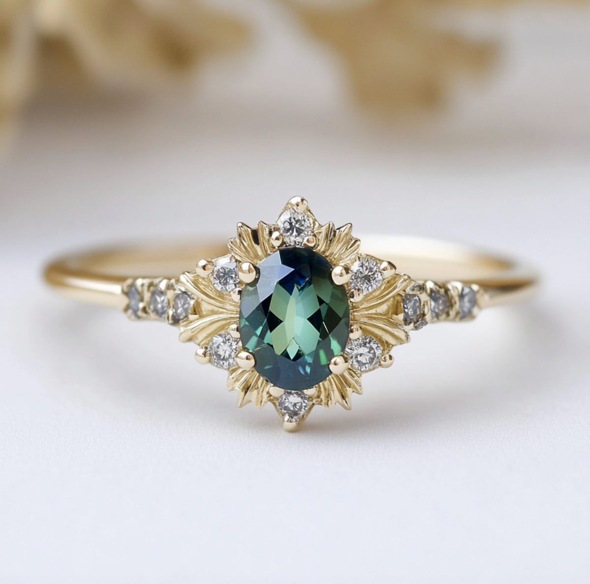 1CT Oval Cut Royal Glow Green Gemstone Halo Engagement Ring