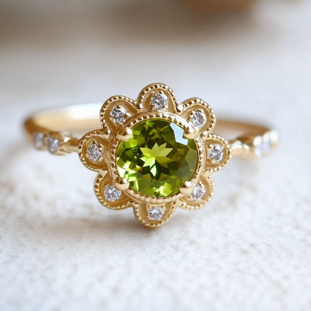 Bague de fiançailles avec pierre précieuse verte à taille ronde
