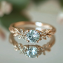 Nature Round Cut Blue Gemstone Leafy Engagement Ring