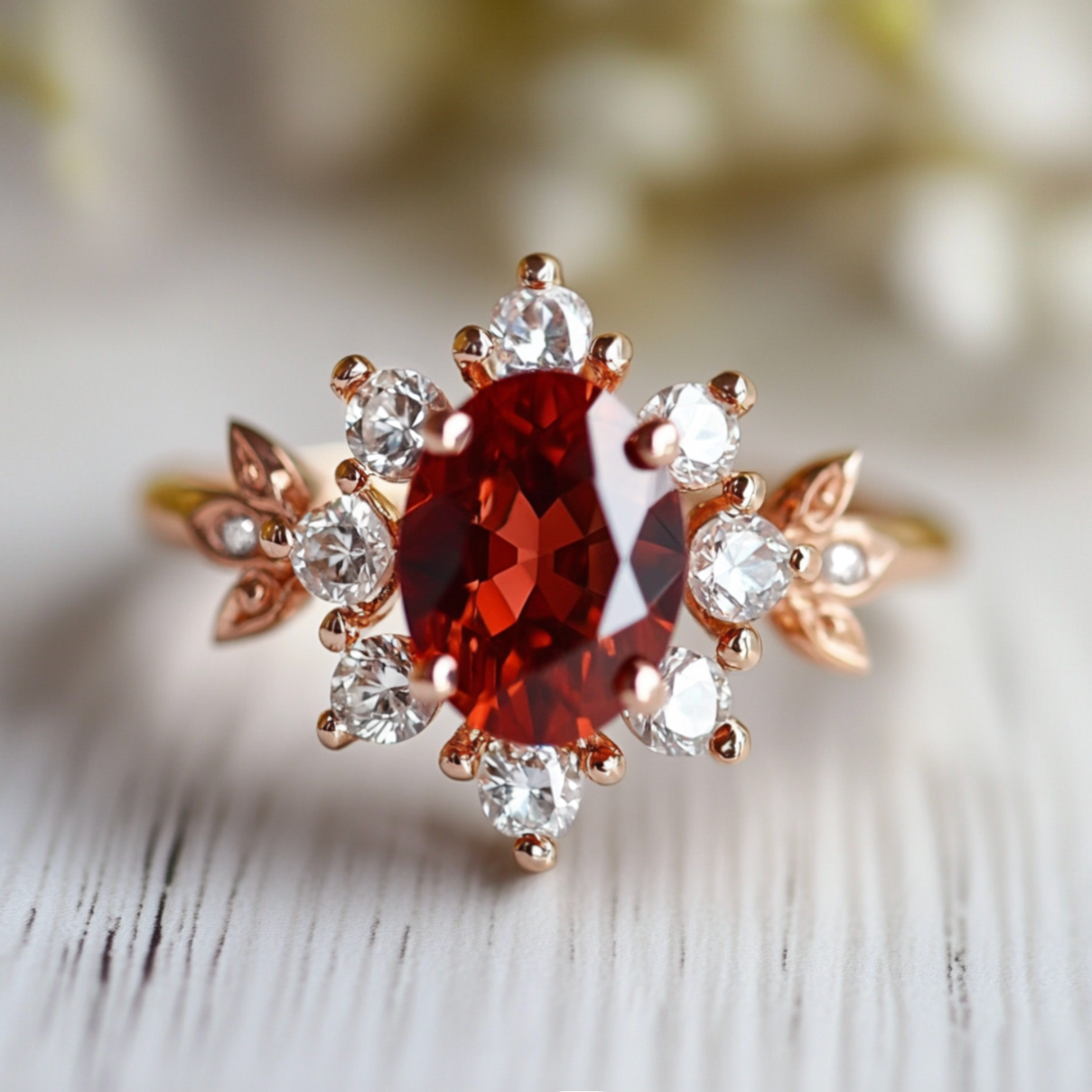 Oval Cut Deep Red Gemstone Halo Engagement Ring