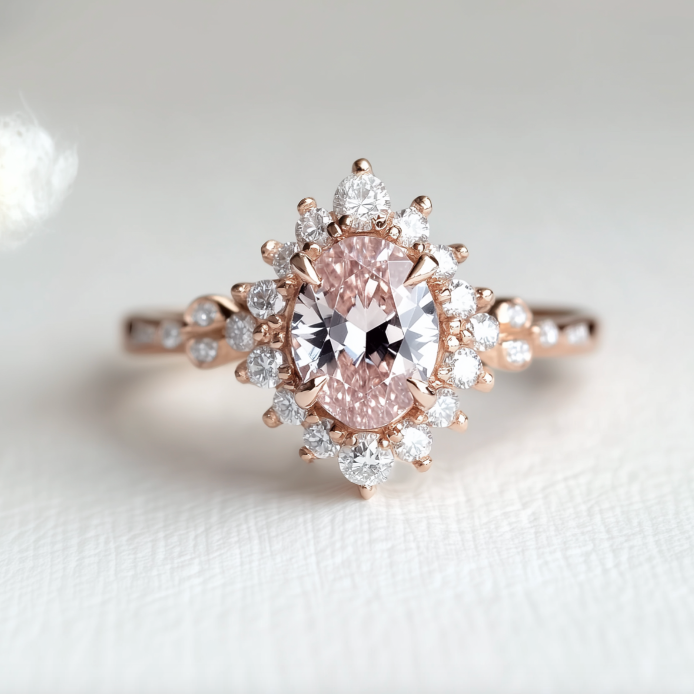 Verlobungsring mit ovalem, rosafarbenem Edelstein und Halo-Fassung von Aurora