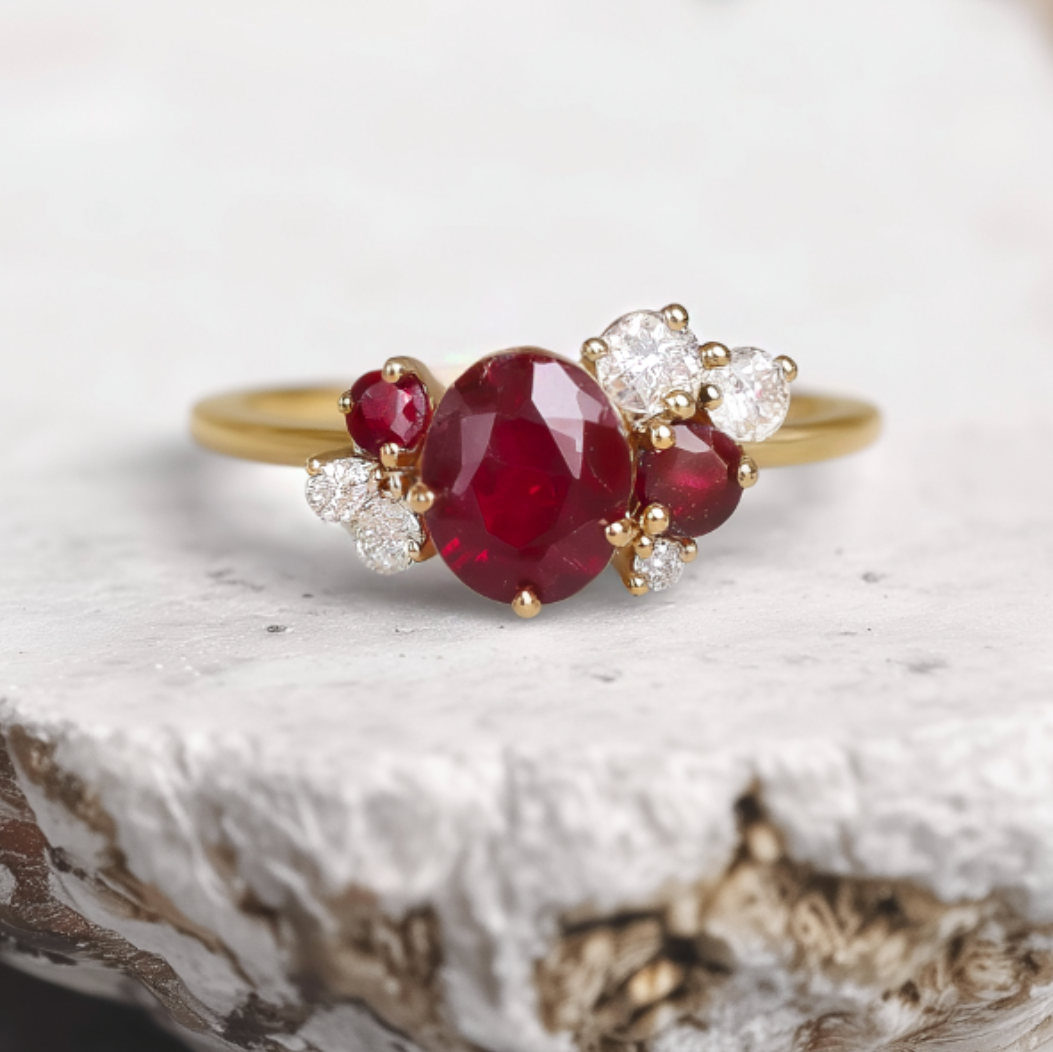 Dainty 1CT Oval Cut Red Gemstone Halo Engagement Ring
