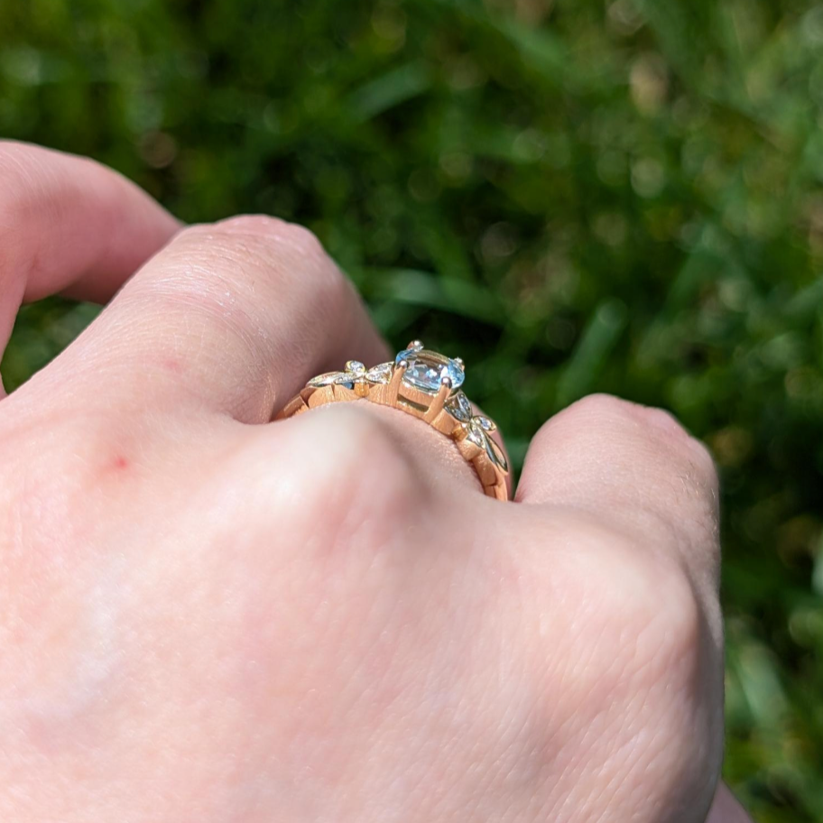 Nature Round Cut Blue Gemstone Leafy Engagement Ring