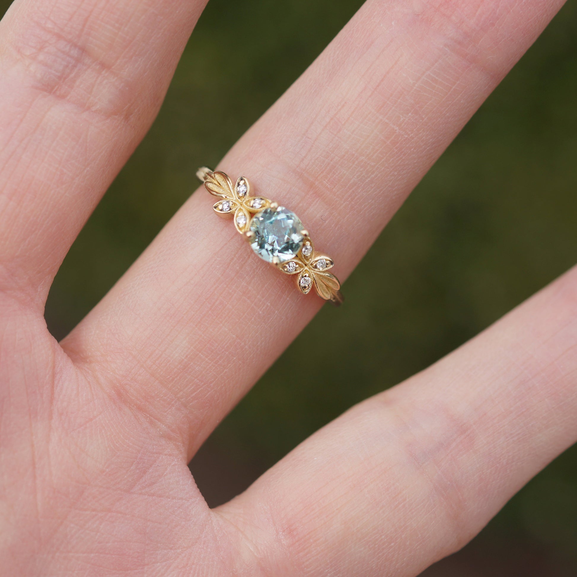 Nature Round Cut Blue Gemstone Leafy Engagement Ring