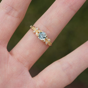 Nature 1CT Round Cut Blue Gemstone Leafy Engagement Ring