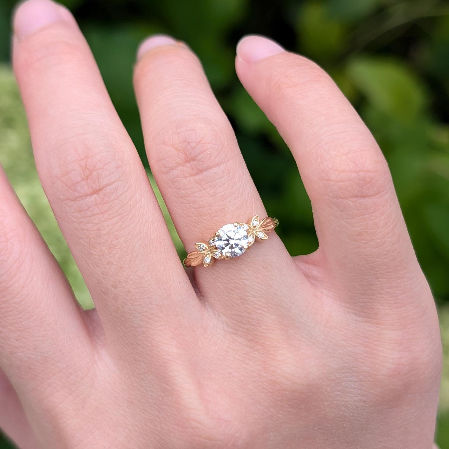 Round Cut Moissanite Leafy Ring
