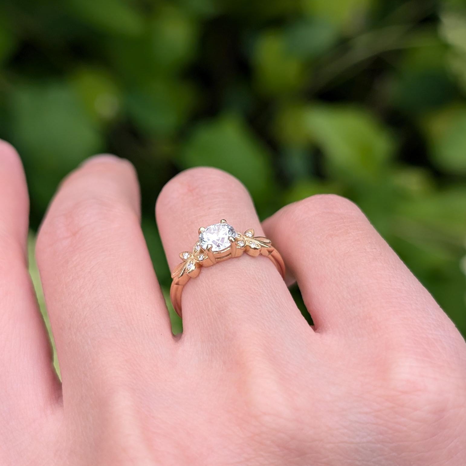 Round Cut Moissanite Leafy Ring