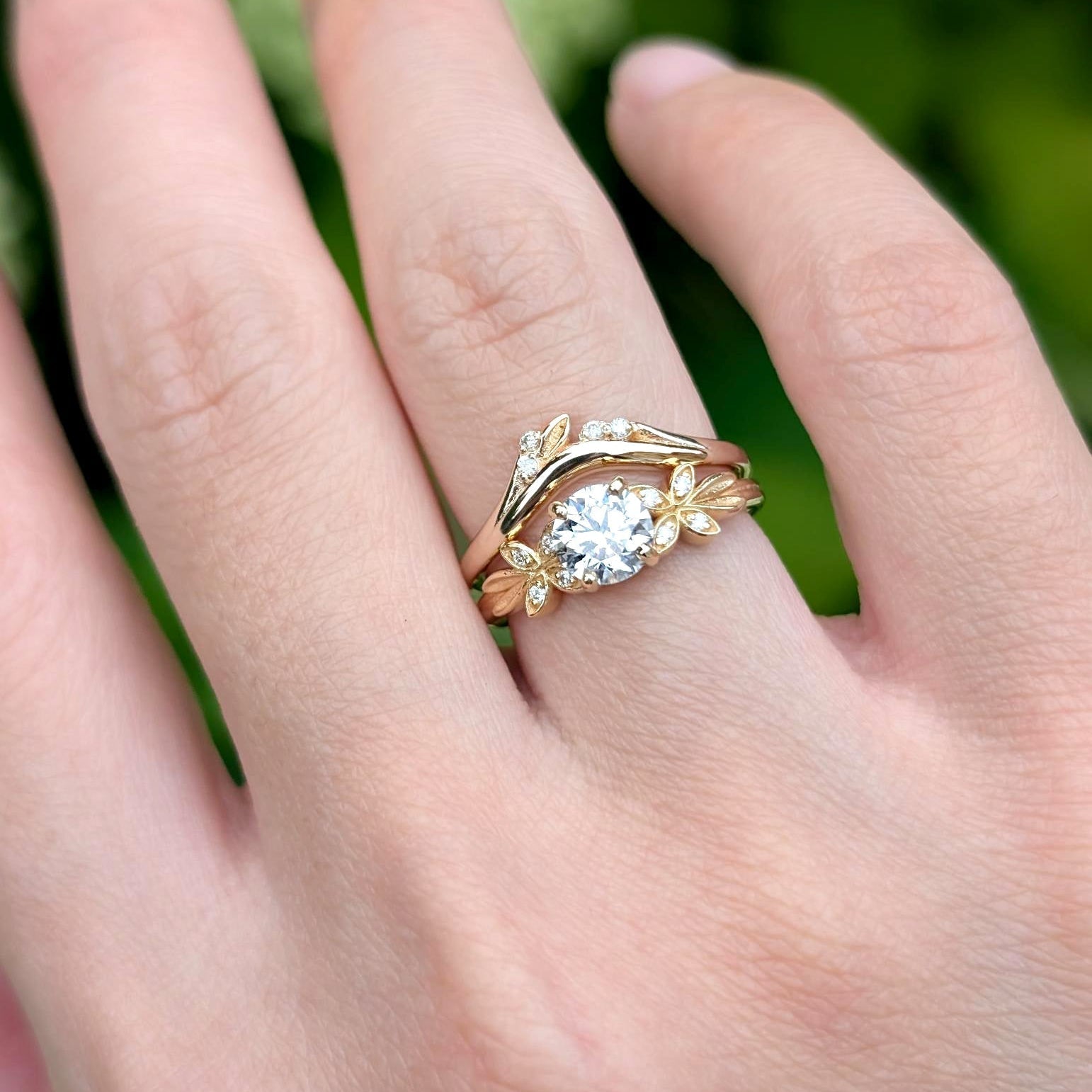 Round Cut Moissanite Leafy Ring