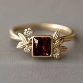 1CT Princess Cut Red Gemstone Leafy Halo Engagement  Ring