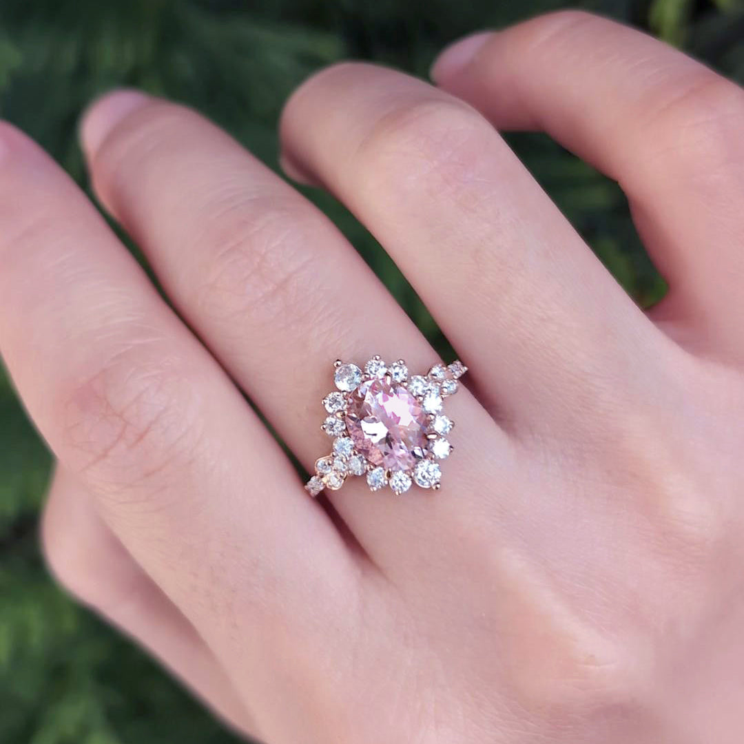 Aurora 1CT Oval Cut Pink Gemstone Halo Engagement Ring