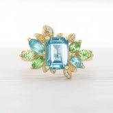 Blooming 1CT Emerald Cut Blue Gemstone Leafy Halo Engagement Ring