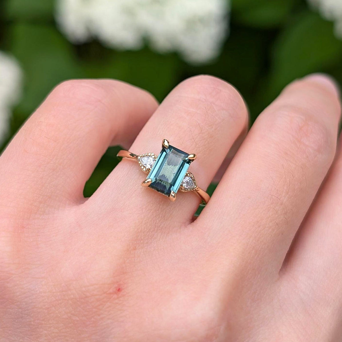 2CT Emerald Cut Green Gemstone Leafy Engagement Ring