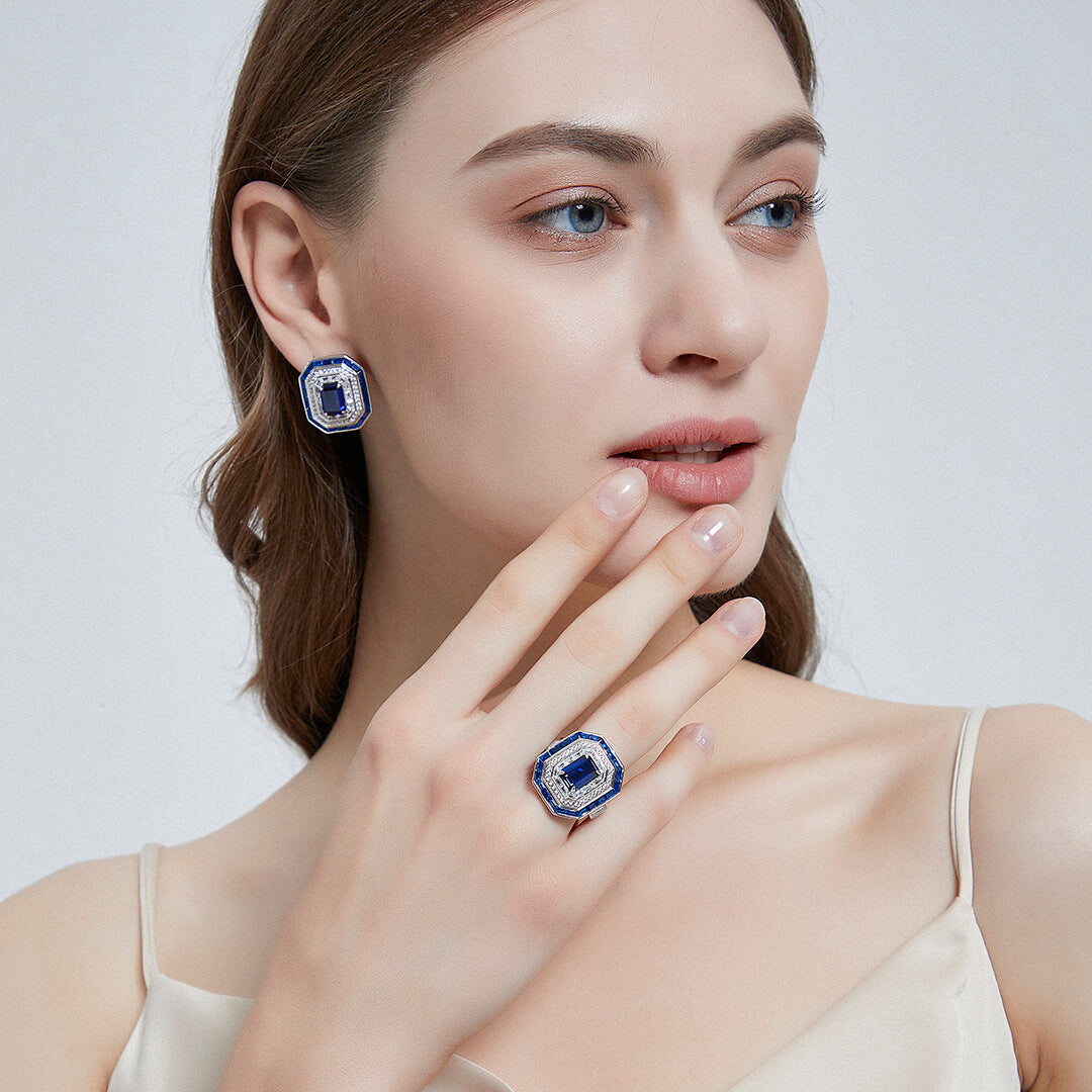 Dissoo® Classic Geometric Art Deco Sapphire Blue Engagement Ring