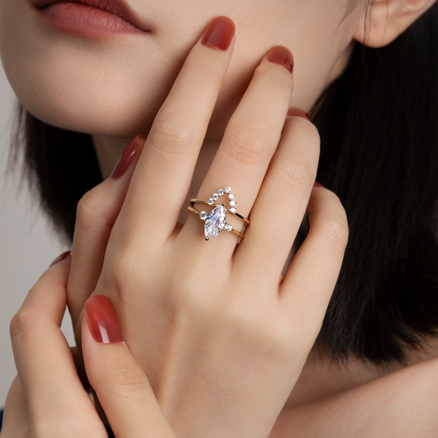 Marquise Cut Moissanite Engagement Ring Bridal Set