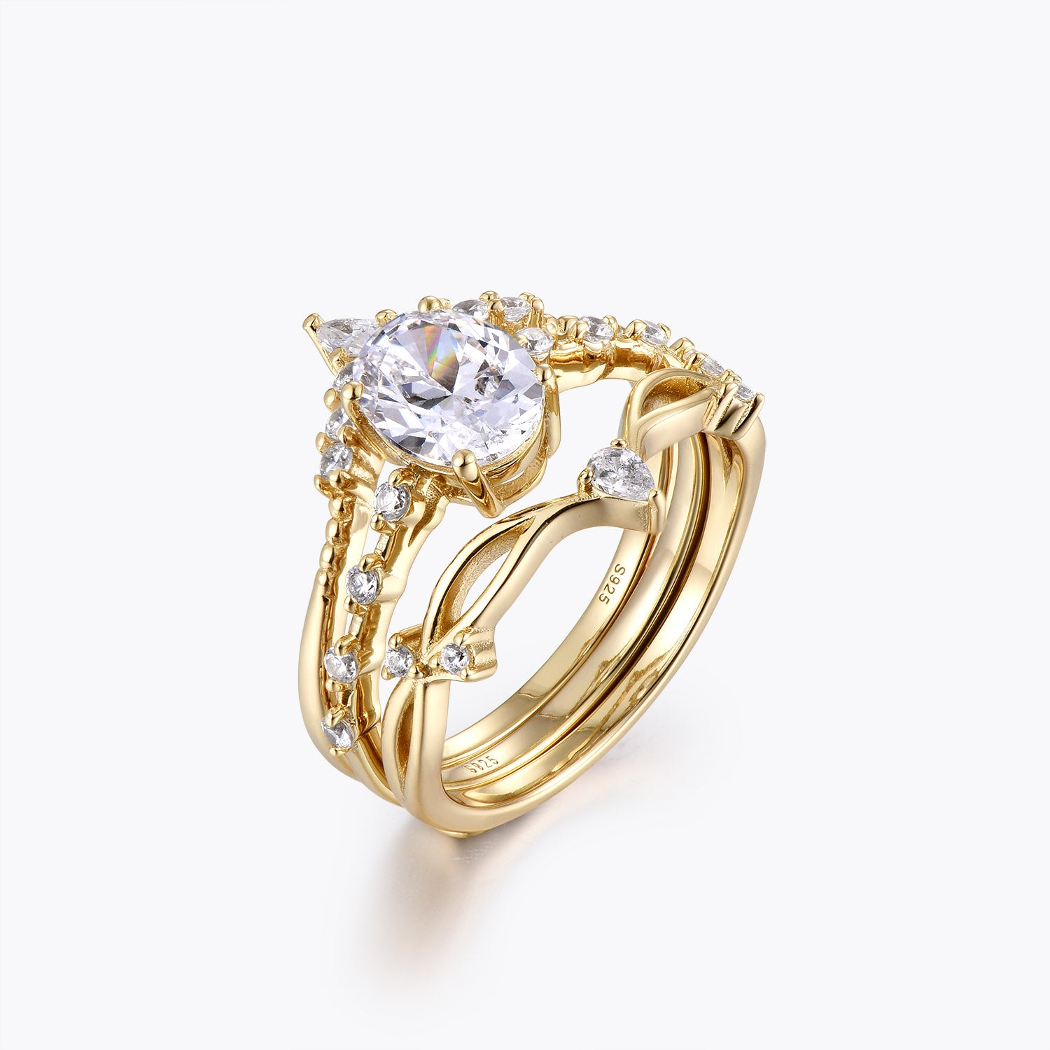 Ensemble de mariage trois pièces Dissoo® avec pierres latérales en moissanite ovale de 1,5 ct