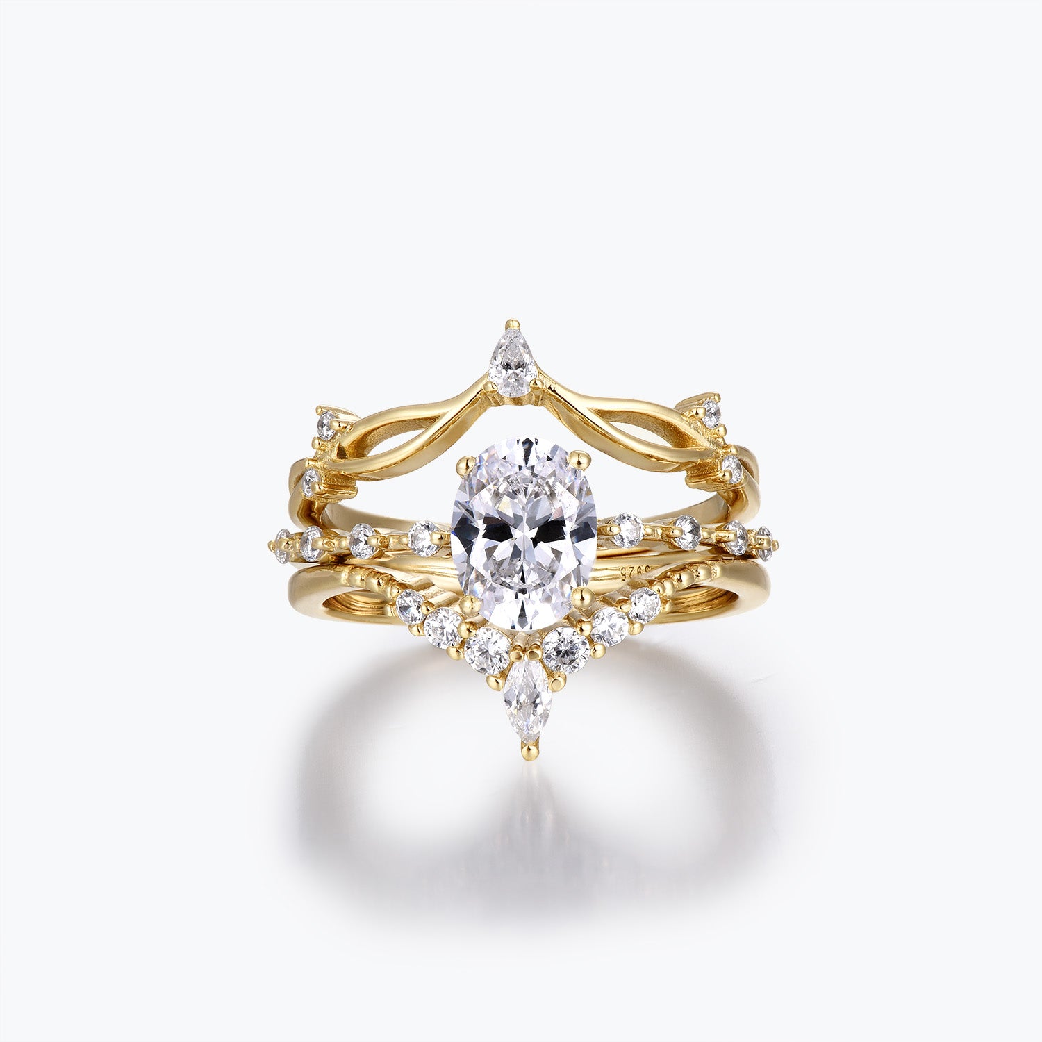 Ensemble de mariage trois pièces Dissoo® avec pierres latérales en moissanite ovale de 1,5 ct