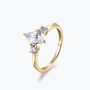 Dissoo® Yellow Gold Three-stone Pear Multi-faceted Moissanite Engagement Ring