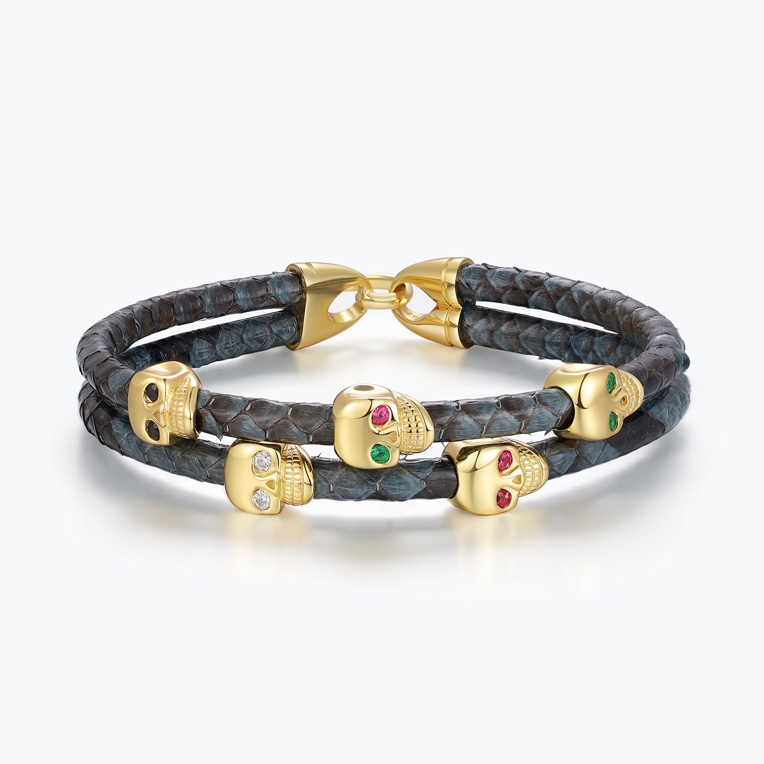 Dissoo® Luxury Genuine Python Leather Bracelet with Skulls in Gold vermeil