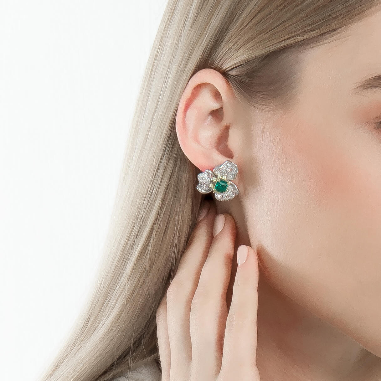 Sterling Silver Square Emerald Cut Green Gemstone Flower Earring