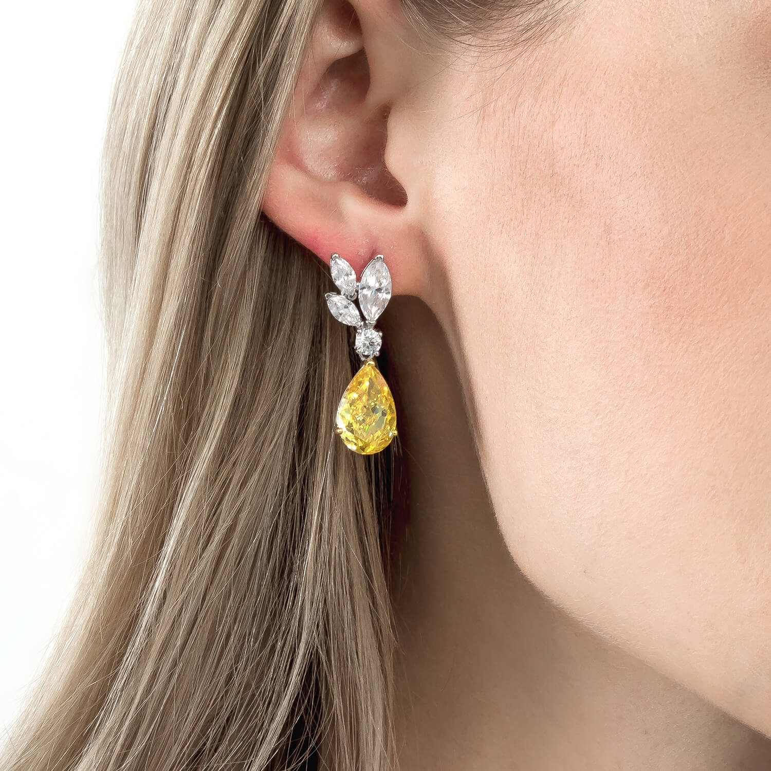 Yellow Pear-Shape and White Cluster Floral Bouquet Earrings - dissoojewelry