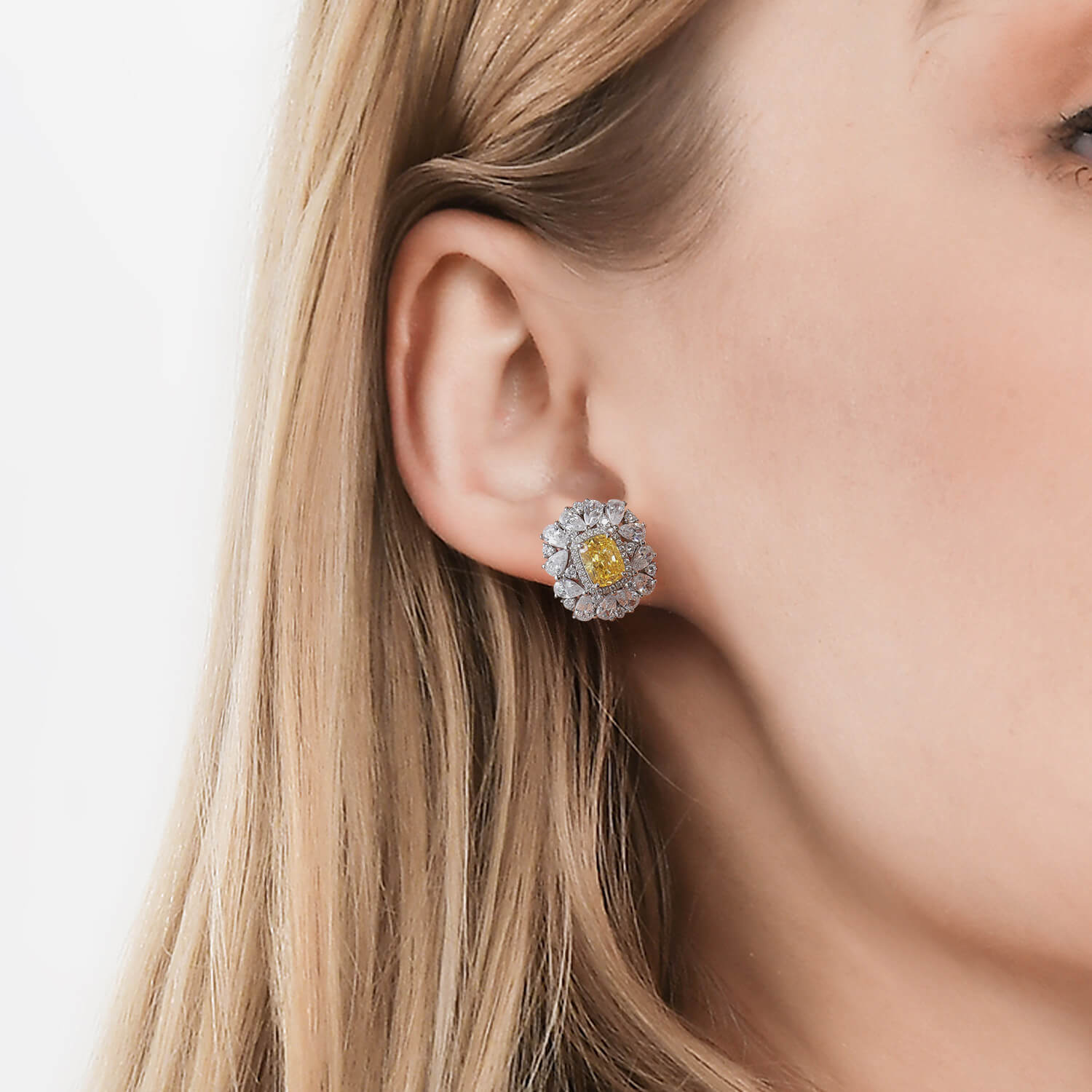 Classic Radiant Cut Yellow Gemstone Flower Cluster Earrings