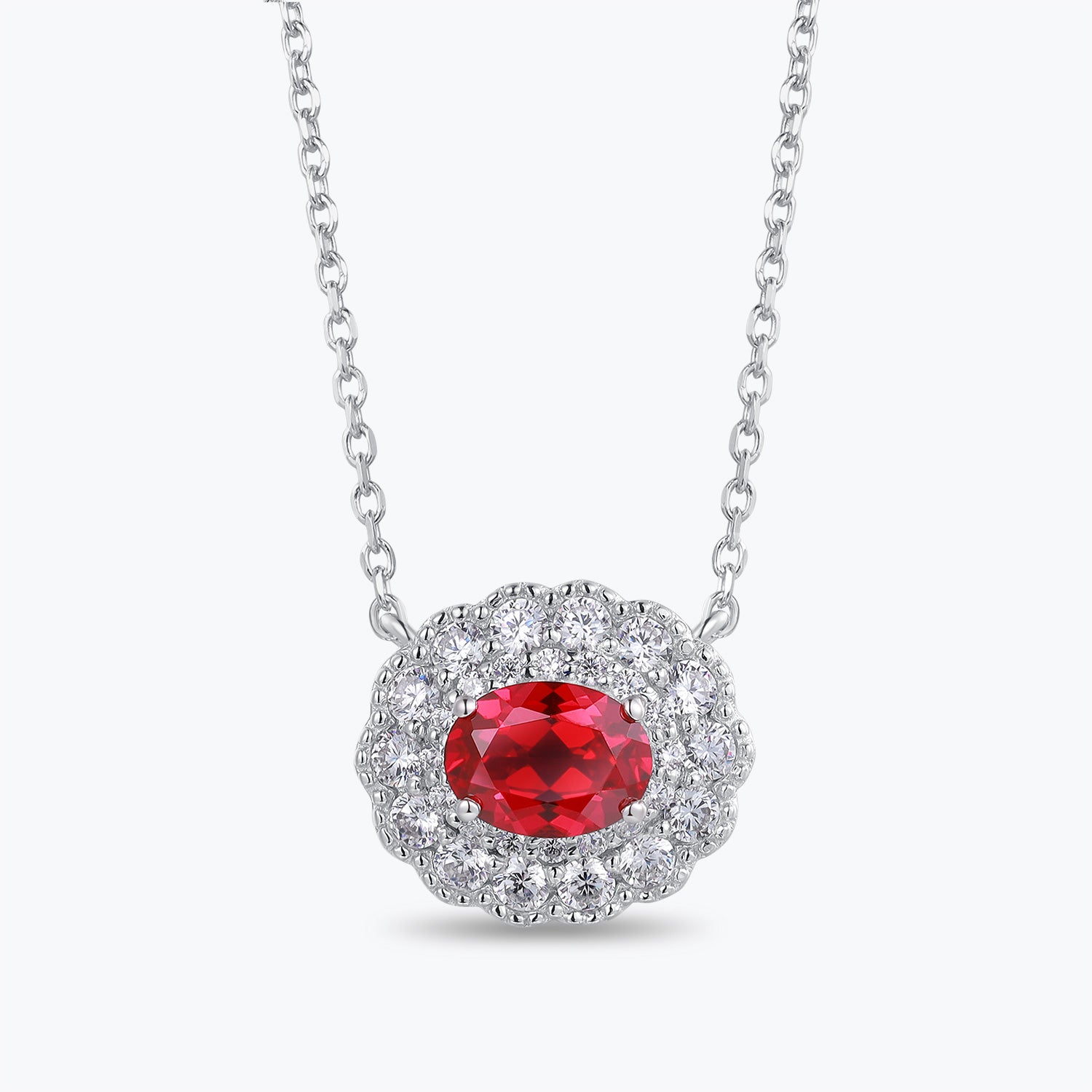 Dissoo® Ruby Oval Floral Halo Sterling Silver Pendant Necklace
